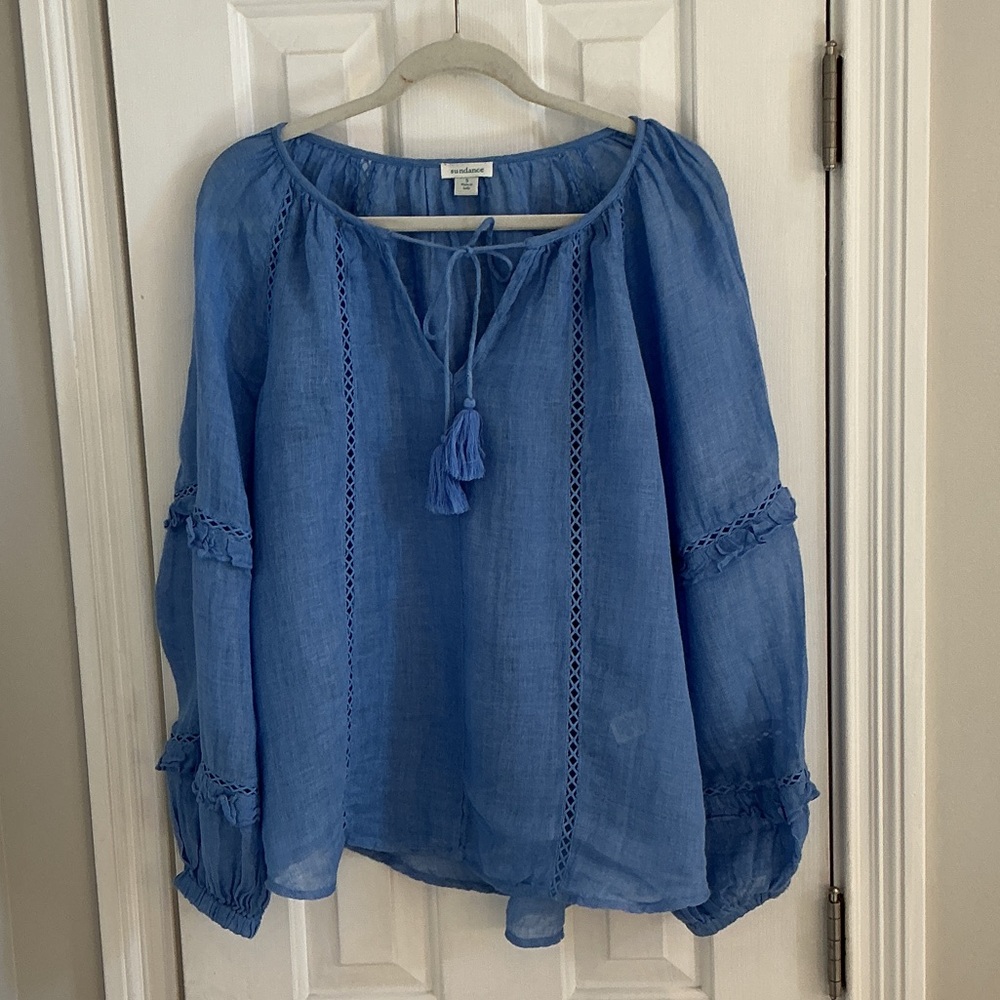 Sundance Blue Linen Peasant Tunic with Large Puffed Sleeves & Tassel Ties